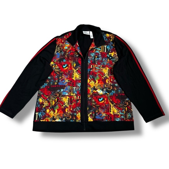 Vintage Spa by Chicos Knit Jacket Artsy Boho Colorful Print Pockets Full Zip XL - Picture 2 of 9